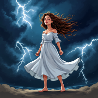 A woman in a flowing white dress stands confidently against a stormy sky, embodying bravery and vulnerability amidst the lightning and dark clouds.