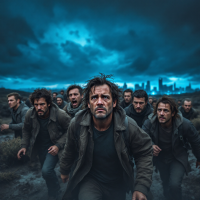 A group of determined individuals runs across a desolate landscape under a dramatic sky, embodying the struggle between accepting harsh realities and envisioning brighter possibilities.