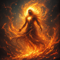 A fiery figure emanates intense energy, with swirling flames surrounding it. The image embodies the vulnerability and fears of gods, reflecting their powerful yet fragile nature.