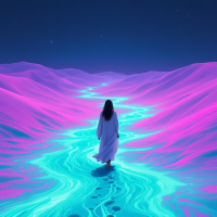 A figure in a flowing white robe walks down a vibrant, glowing river that winds through surreal purple and blue landscapes under a starry night sky.