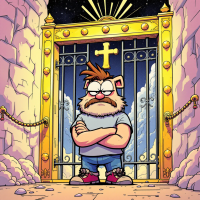 A cartoon character stands with crossed arms at the gates of heaven, expressing displeasure, echoing the quote, I don’t want to go to heaven with a headache.