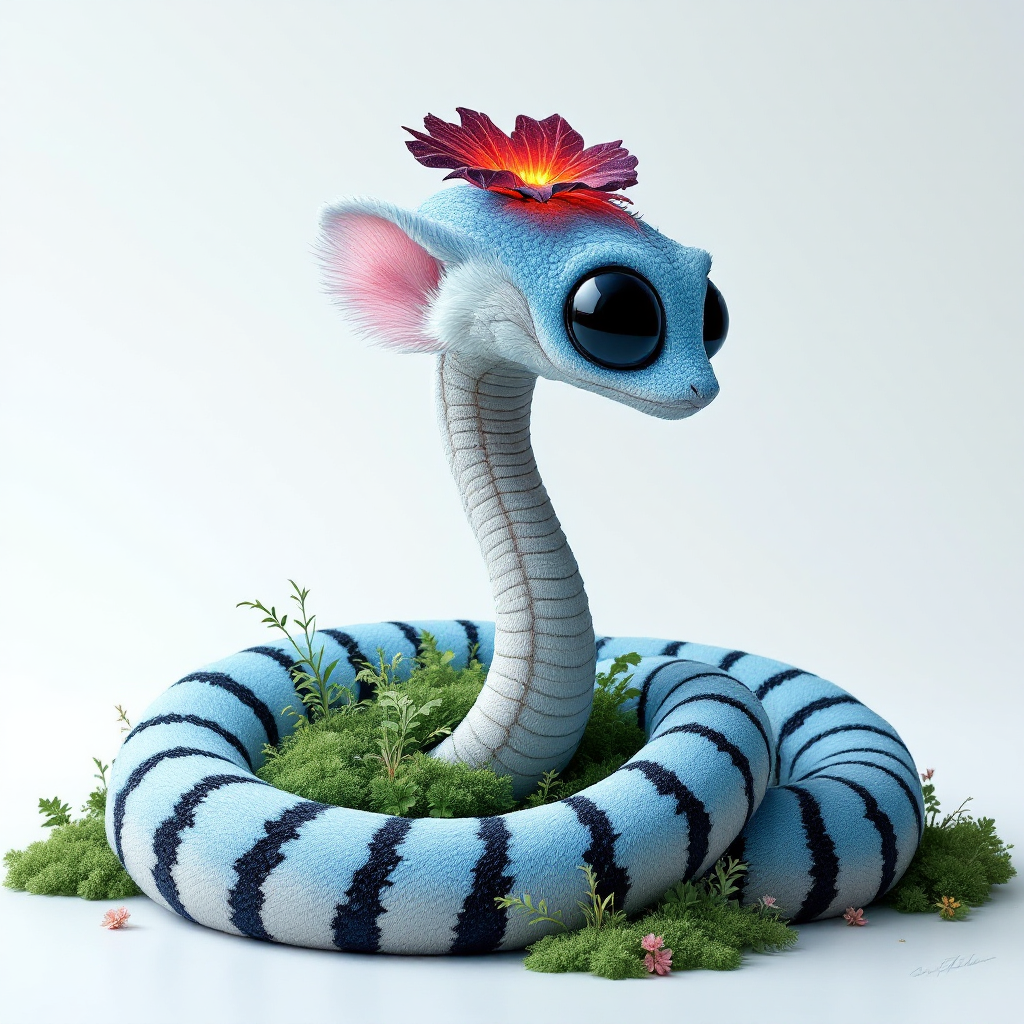 A fantastical creature with pale blue fur, black stripes curves, and large black eyes. It has a pink ear, fine hairs along its stalk, and a vibrant ruby crest adorned with a flower.