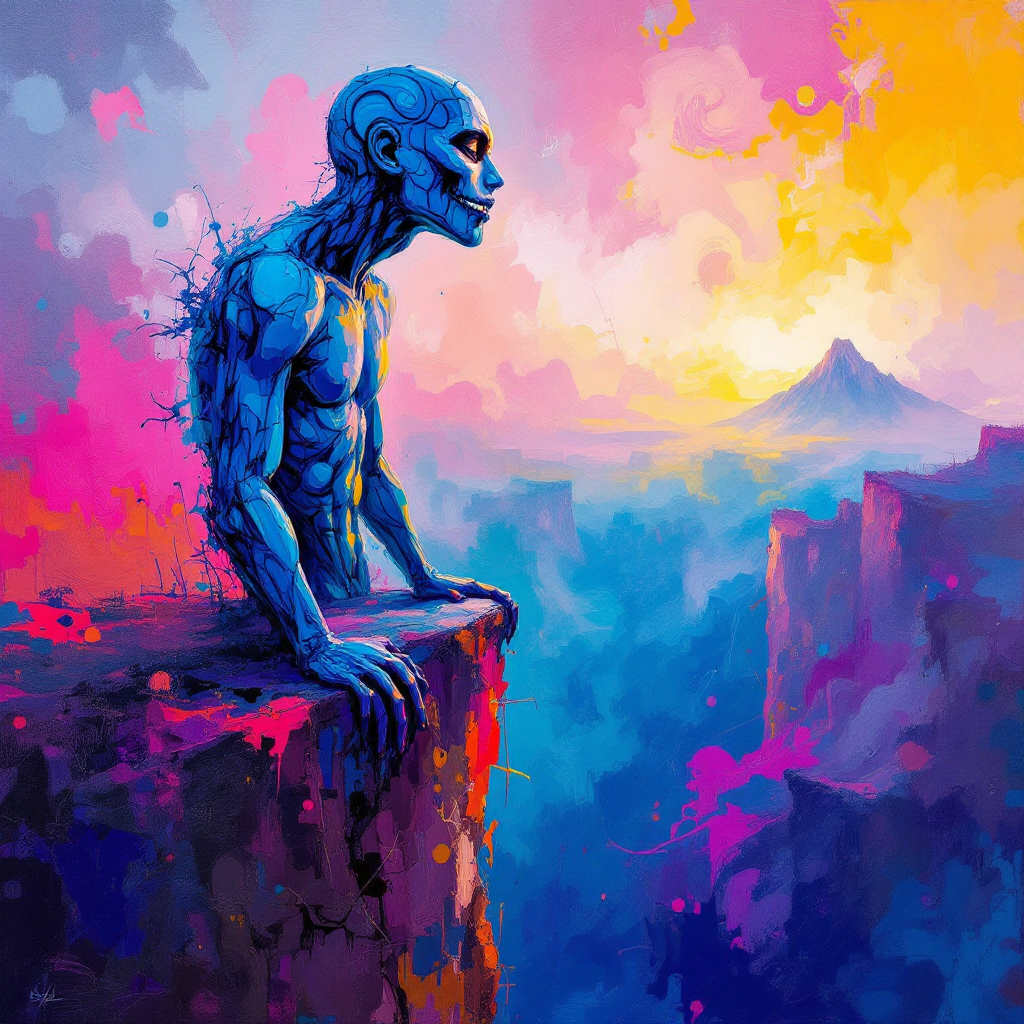 A blue, abstract figure gazes out over a vibrant landscape at sunrise, symbolizing resilience and growth, reflecting the quote about failure as a stepping stone to greatness.