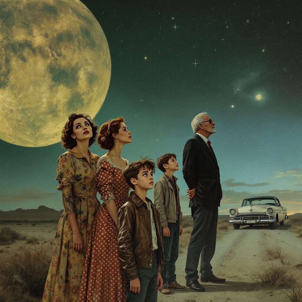 A family stands on a deserted road at night, gazing up at a large moon and shimmering stars, embodying the connection to the cosmos as highlighted in the quote about star-stuff.