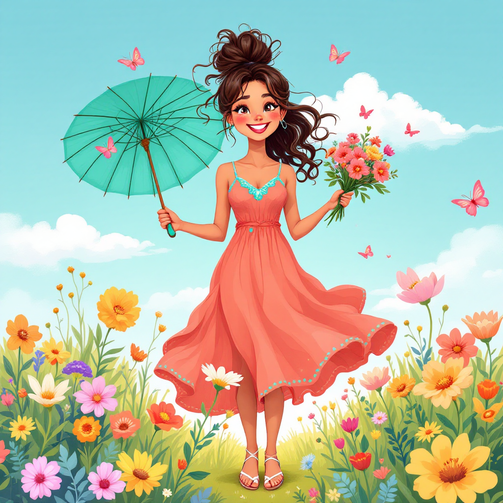 A joyous woman in a coral dress holds a bouquet and a teal umbrella, surrounded by colorful flowers and butterflies, embodying the spirit of merriment and a carefree approach to life.