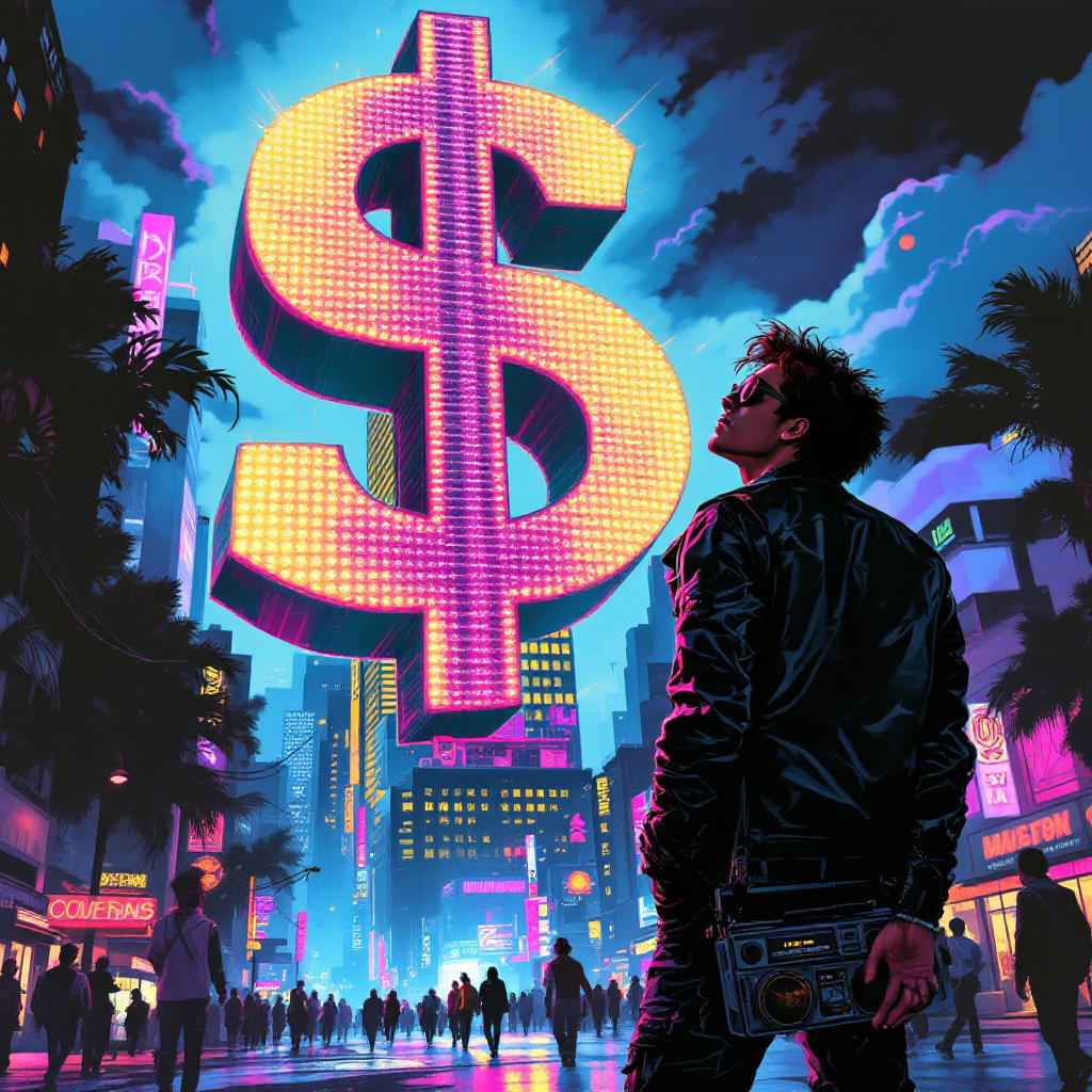 A neon dollar sign towers over a cityscape as a contemplative figure stands below, embodying the quote, Money changes everything, or at least it tries to.