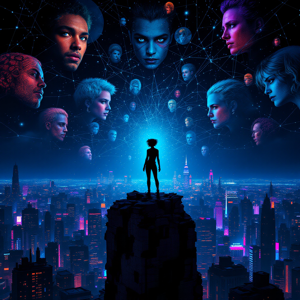 A silhouetted figure stands on a precipice overlooking a vibrant city, surrounded by ethereal faces connected by glowing lines, symbolizing shared experiences and human connection across time and space.