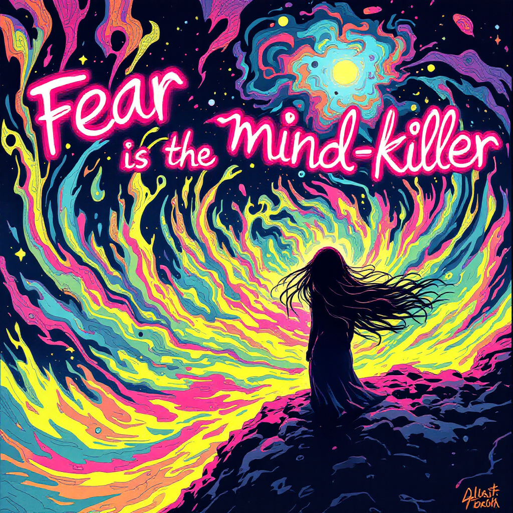 A figure stands on a rocky outcrop, surrounded by vibrant swirls of color and cosmic elements, with the quote Fear is the mind-killer glowing above in bold pink letters.