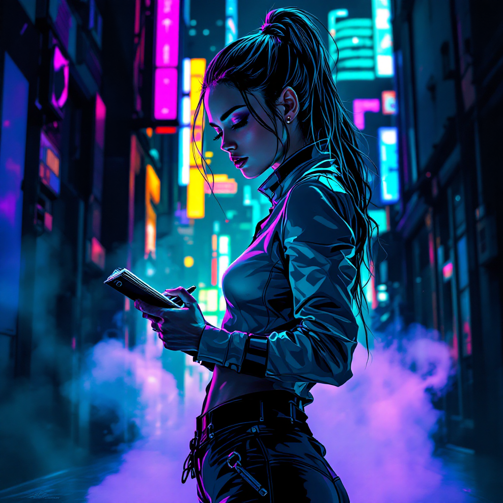 A woman stands in a vibrant, neon-lit alley, checking her phone amidst swirling mist, embodying the essence of integrity in a modern, urban landscape.