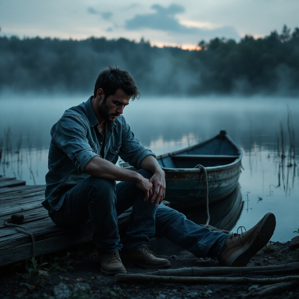 A contemplative man sits by a misty lakeside at dusk, reflecting on uncertainty, embodying the struggle of confronting uncomfortable truths. A small boat rests nearby.