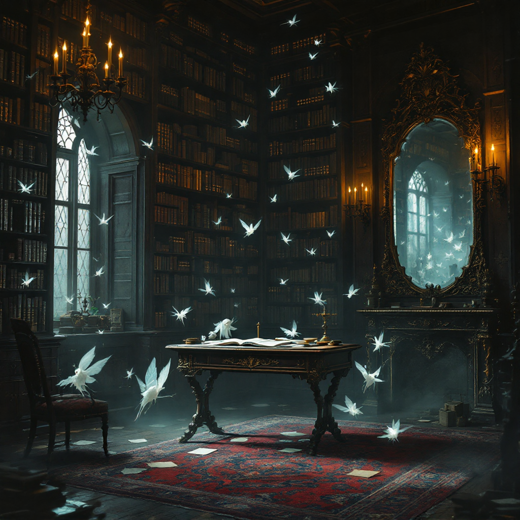 A dimly lit, elegant library with towering bookshelves, a grand mirror, and ghostly white birds floating through the air, embodying the beauty and complexity of an author's mind.