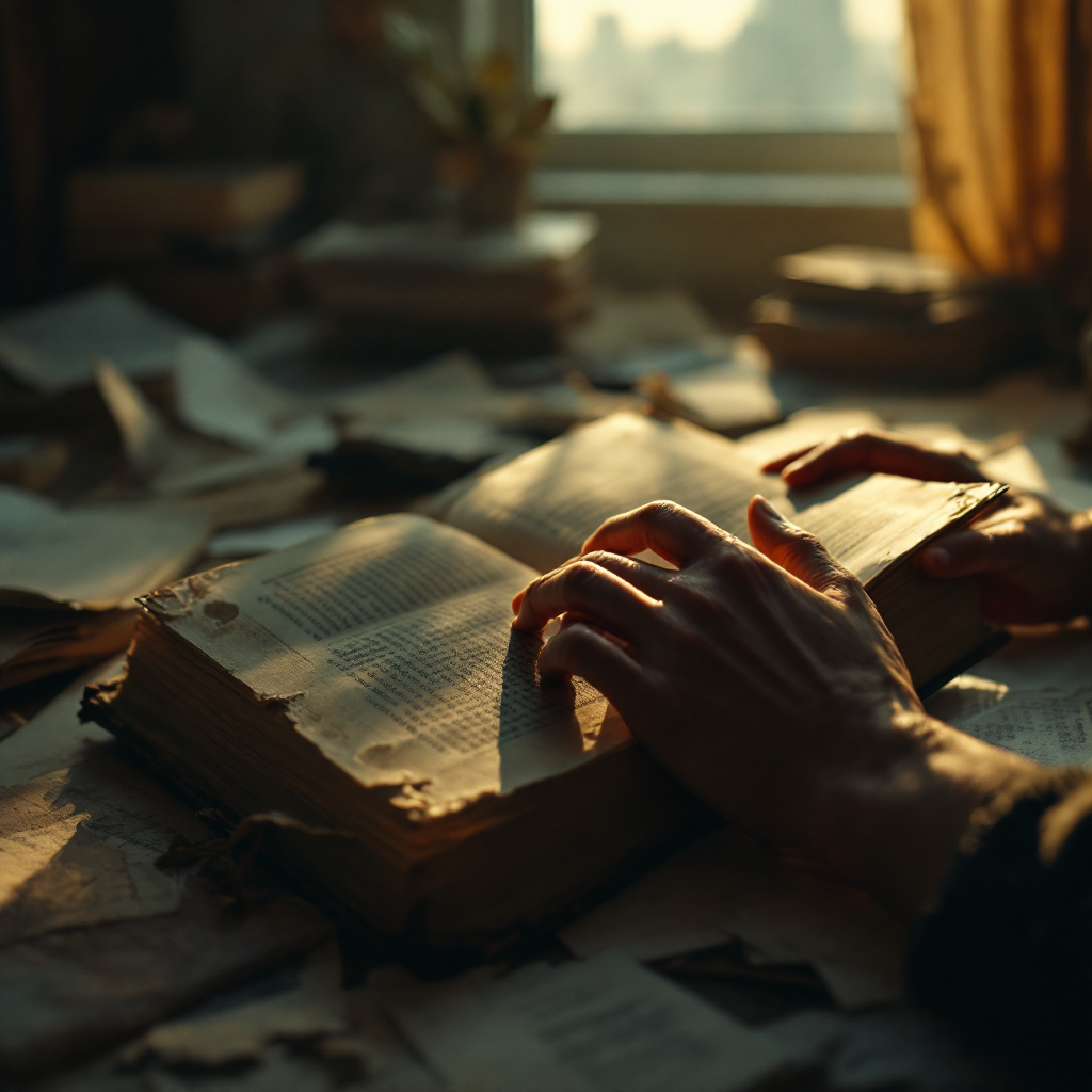 A pair of hands gently holds an open, worn book on a cluttered table, with sunlight streaming through a nearby window, symbolizing the connection between self-creation and destiny.