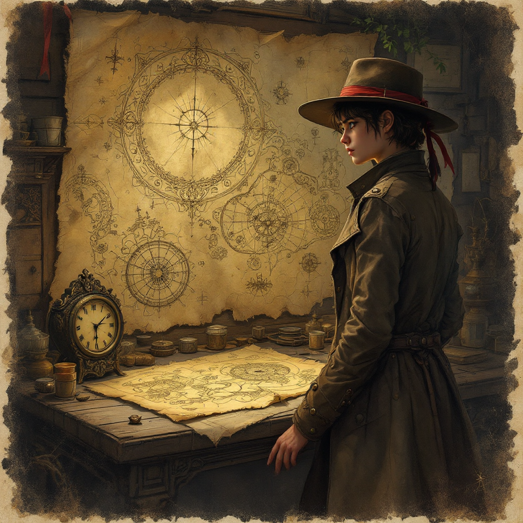 A figure in a wide-brimmed hat stands before an elaborate map adorned with intricate designs and an antique clock, evoking a sense of adventure and creativity in a story.