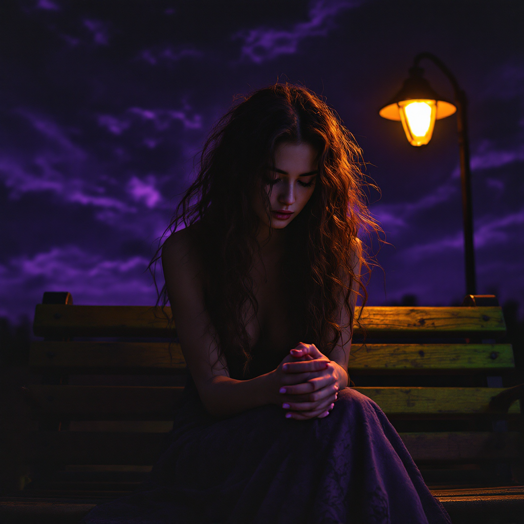 A woman with long, wavy hair sits on a bench under a dim streetlight, looking contemplative against a dark, moody sky, embodying reflection on ambition and personal limitations.