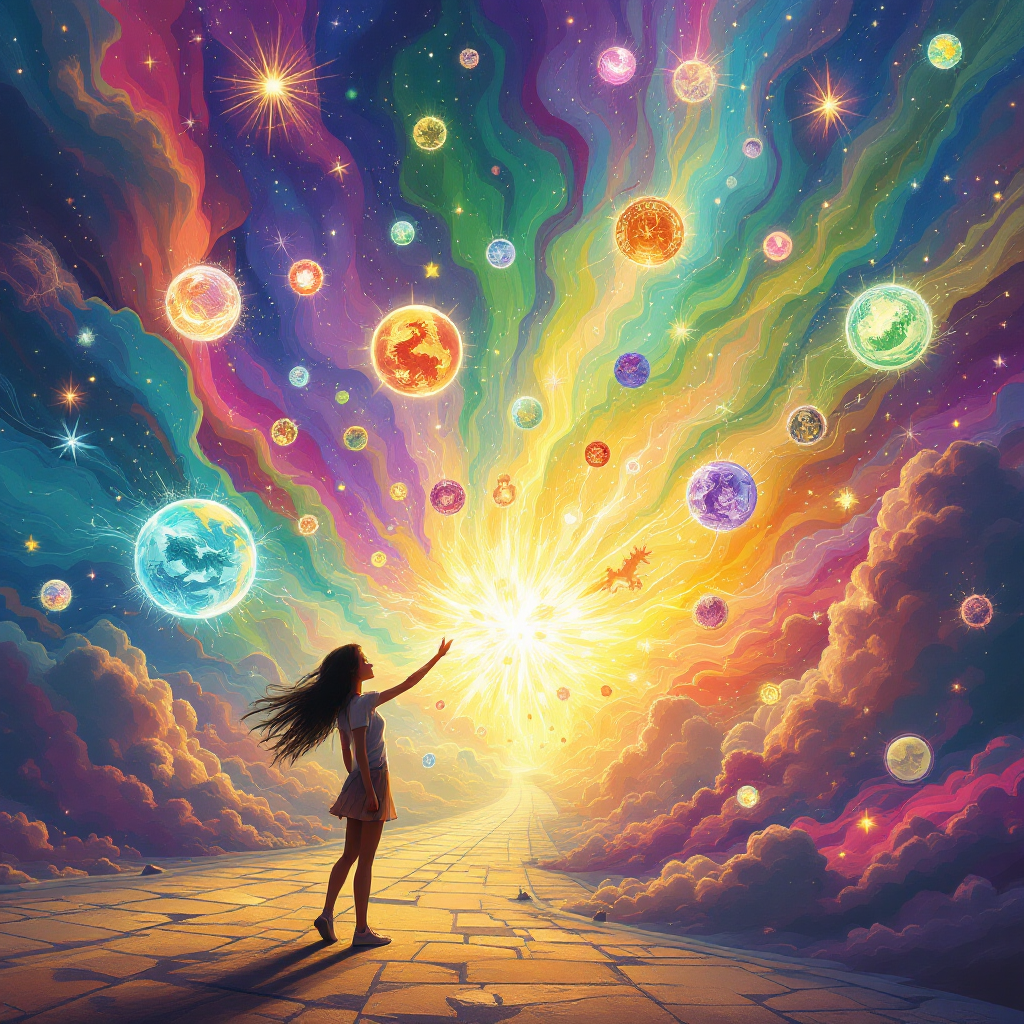 A figure stands before a vibrant, swirling spectrum of colorful orbs and light, symbolizing the multitude of possibilities in the world, reflecting the quote's essence about chosen paths.