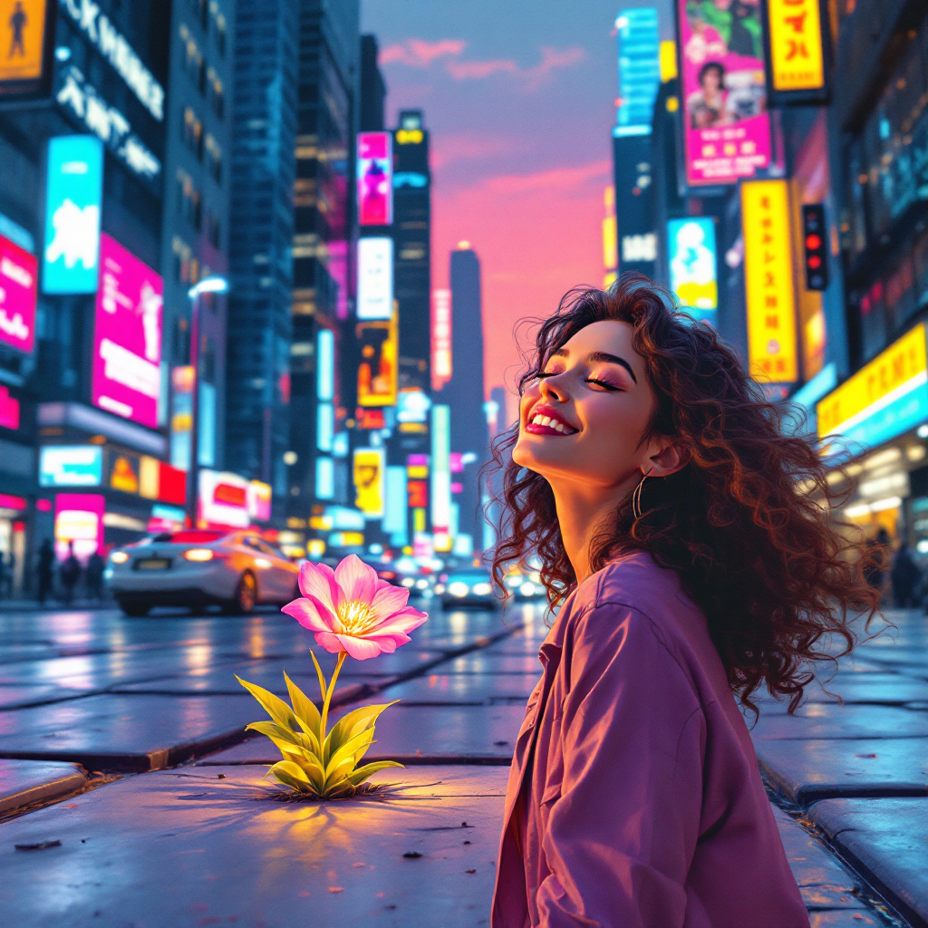 A woman smiles joyfully in a vibrant, neon-lit urban setting at dusk, with a small flower blooming at her feet, embodying the essence of finding happiness amidst chaos.