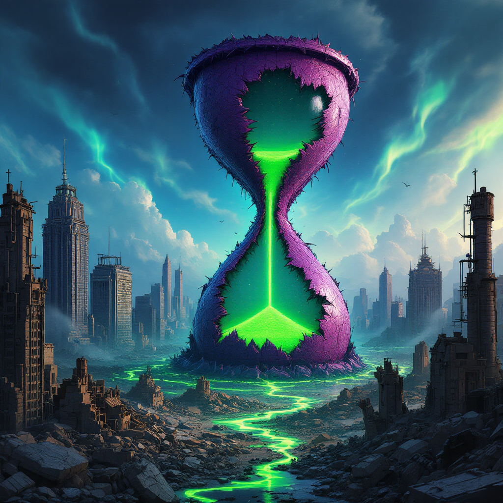 A large, cracked hourglass looms over a desolate, ruined cityscape, with a glowing green liquid flowing from it, symbolizing the terrifying consequences of time as a weapon.