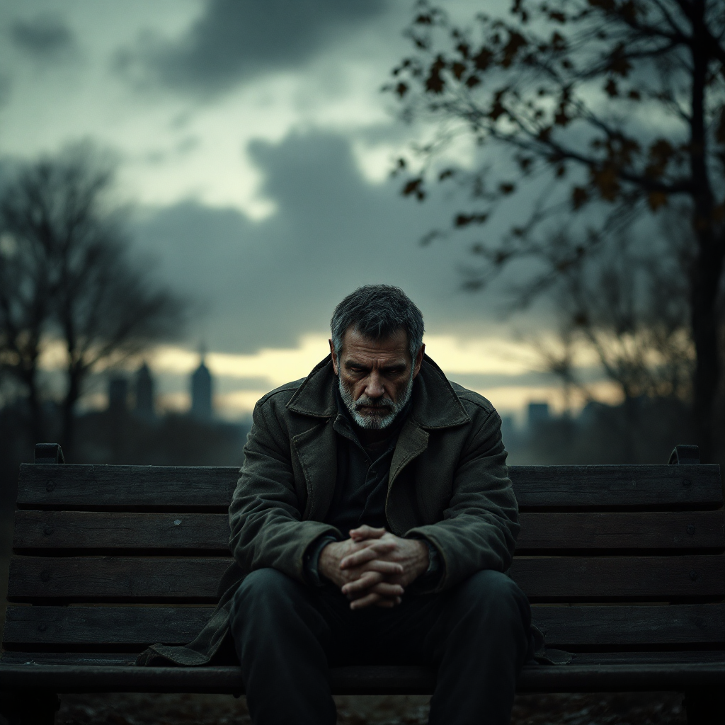 A somber man sits on a park bench, lost in thought, embodying the book quote about hidden sorrows behind a seemingly cold exterior against a moody, twilight sky.