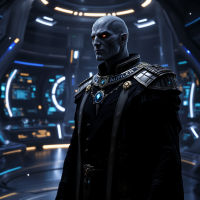 A tall, imposing figure with pale skin and glowing orange eyes stands in a futuristic command room, dressed in a dark, ornate uniform adorned with insignia, contemplating a strategy amidst advanced technology.