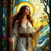 A serene woman in a flowing white robe stands before a stained-glass window, holding a flower and a staff, embodying a vision of energy independence and transformation.