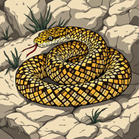 A vividly illustrated rattlesnake coils among rocky terrain, its distinctive scales and flicking tongue highlighted, embodying the idea that its rattle adds to its danger.