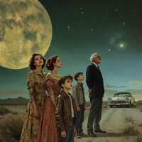 A family stands on a deserted road at night, gazing up at a large moon and shimmering stars, embodying the connection to the cosmos as highlighted in the quote about star-stuff.