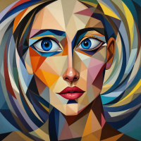 A vibrant, abstract portrait of a woman's face, featuring bold colors and geometric shapes. The expressive eyes reflect a depth of emotion, resonating with the quote about memories.