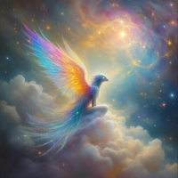 A radiant figure with colorful, ethereal wings sits atop clouds, surrounded by a cosmic backdrop, embodying the complex nature of loyalty as described in the quote.