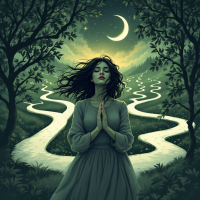 A contemplative woman stands with her hands clasped, surrounded by winding paths under a crescent moon, embodying the essence of choice and introspection in a serene landscape.