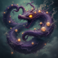 A monstrous, swirling serpent with glowing orbs embedded in its dark, textured body, representing the fluidity of time, with a menacing gaze and an ethereal, mystical atmosphere.