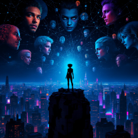 A silhouetted figure stands on a precipice overlooking a vibrant city, surrounded by ethereal faces connected by glowing lines, symbolizing shared experiences and human connection across time and space.