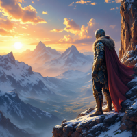 A lone hero in ornate armor with a flowing cape stands on a rocky cliff, gazing over a vast, snow-capped mountain range at sunset, embodying the quote's theme of doubt even in bravery.