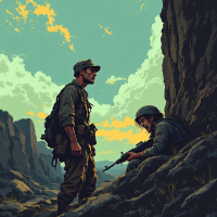 A soldier stands confidently beside a crouched comrade in a rugged landscape, embodying courage and resolve despite fear, illustrating the quote about bravery in the face of danger.