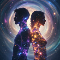 A silhouette of a man and woman stands back to back, surrounded by swirling galaxies and stars, symbolizing the connection formed through understanding each other's backgrounds.