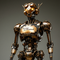 A steampunk-inspired robot with glowing eyes and intricate metallic detailing holds a plaque that reads Words of Gratitude, embodying the quote about the power of words.