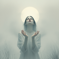 A serene figure in a flowing white dress reaches upward, illuminated by a glowing orb, surrounded by misty fog and bare branches, capturing the essence of longing to connect with the world.