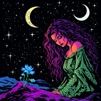 A contemplative woman with flowing purple hair gazes at a single blue flower amidst a starry night, under two glowing moons, embodying the essence of cherishing each moment.