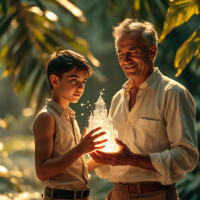 A young boy and an older man smile at each other, holding a glowing ice sculpture amidst lush greenery, evoking a nostalgic memory of discovery and connection.