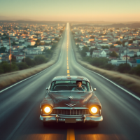 A vintage car drives along an endless road, surrounded by a sprawling cityscape under a golden sunset, embodying the journey of exploring different paths together.