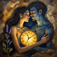 A couple embraces, their faces close together, with a vintage clock held between them. A delicate flower grows nearby, highlighting the theme of love transcending time.