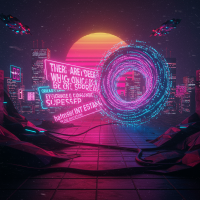 A neon-lit digital portal floats amid a futuristic cityscape at sunset, surrounded by flying drones and glowing holographic text in a cyberpunk style.
