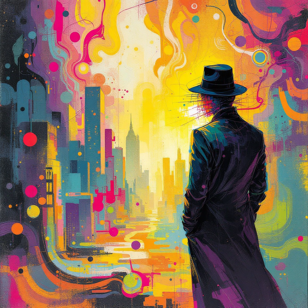 A silhouette of a figure in a black trench coat and hat stands against a vibrant city skyline, embodying the essence of secrecy and intrigue from the quote, Pose as a friend, work as a spy.