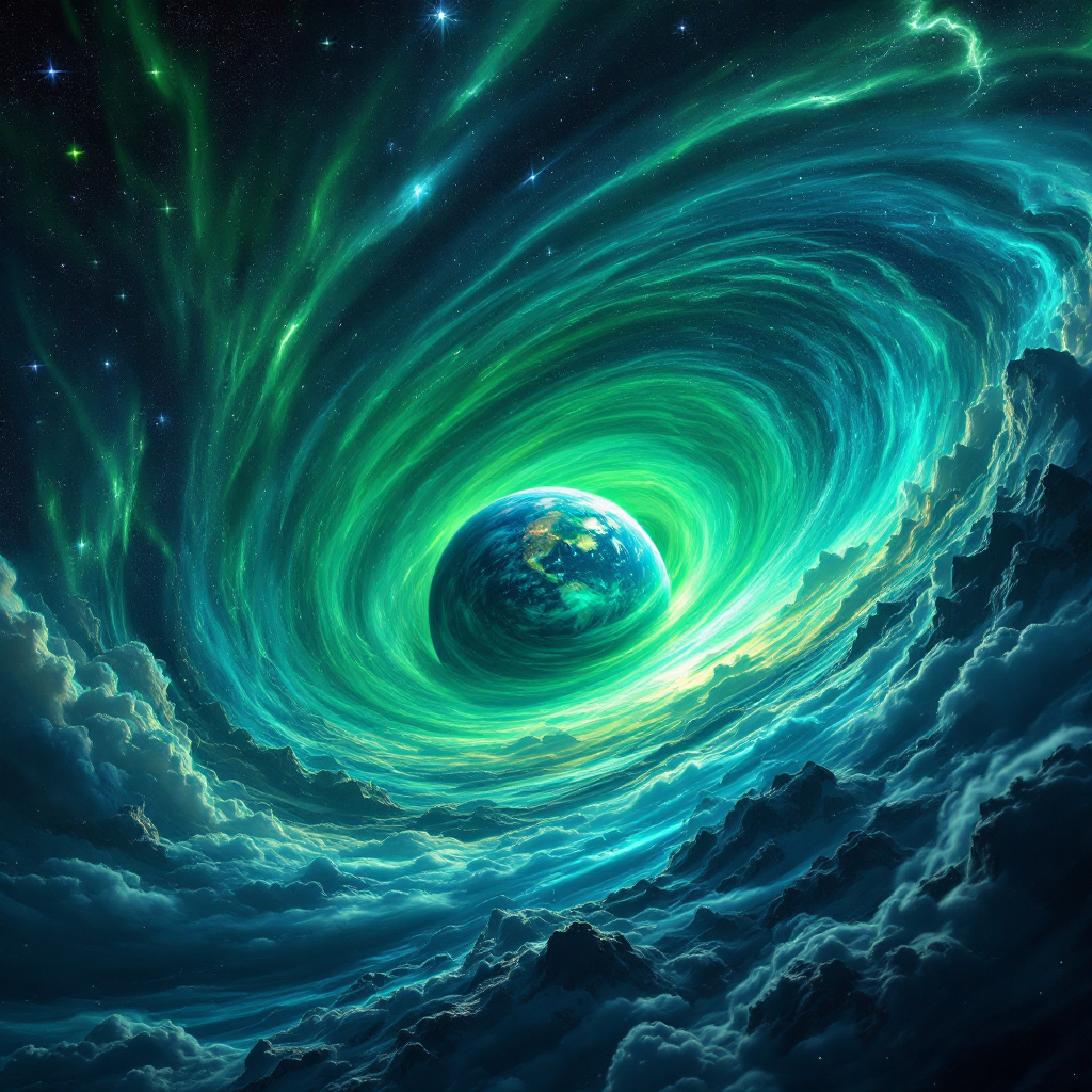 A vibrant cosmic scene depicts Earth at the center of swirling green energy and clouds, symbolizing the revelation of our interconnectedness with the universe.