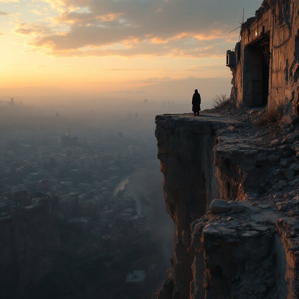 A solitary figure stands on a rocky cliff at sunset, overlooking a vast, hazy cityscape, embodying the slow unraveling described in the quote about the world's decline.