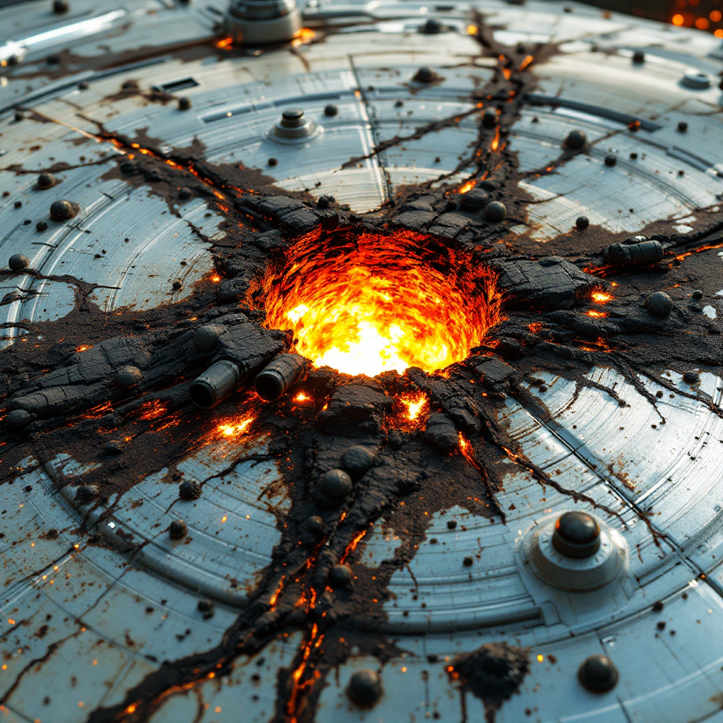 A metallic surface shows a central crater glowing with fiery orange, surrounded by dark scars and dents, reminiscent of damage from an atomic bomb and missile strikes, capturing a stark desolation.