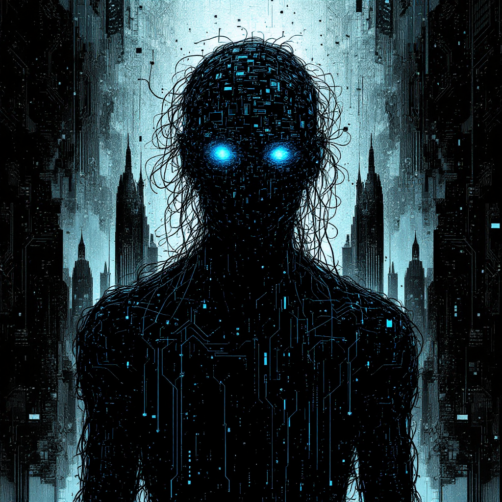 A shadowy figure with glowing blue eyes stands amidst a dark, futuristic cityscape, embodying the tension between comforting stories and deeper truths.