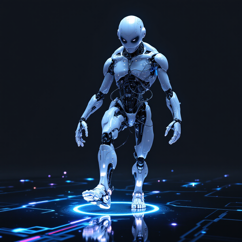 A futuristic humanoid robot stands poised to take a step forward on a glowing, digital surface, embodying the quote about breaking cycles and taking decisive action.