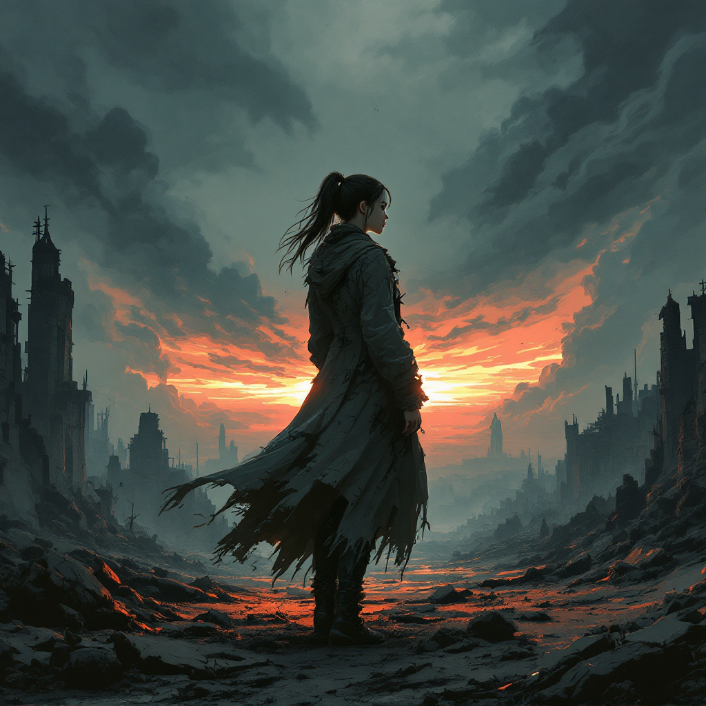 A lone figure stands in a desolate landscape, silhouetted against a fiery sunset, embodying reflection amidst a stark world that isn't cruel for cruelty's sake.