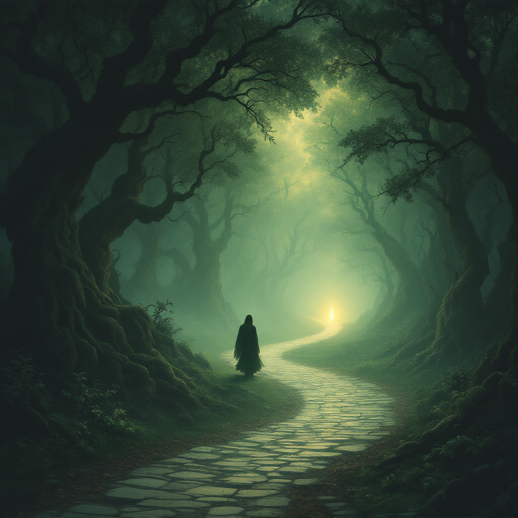 A shadowy figure walks along a winding path in a dense, misty forest, illuminated by a distant light, symbolizing the sacrifices on the path to power.