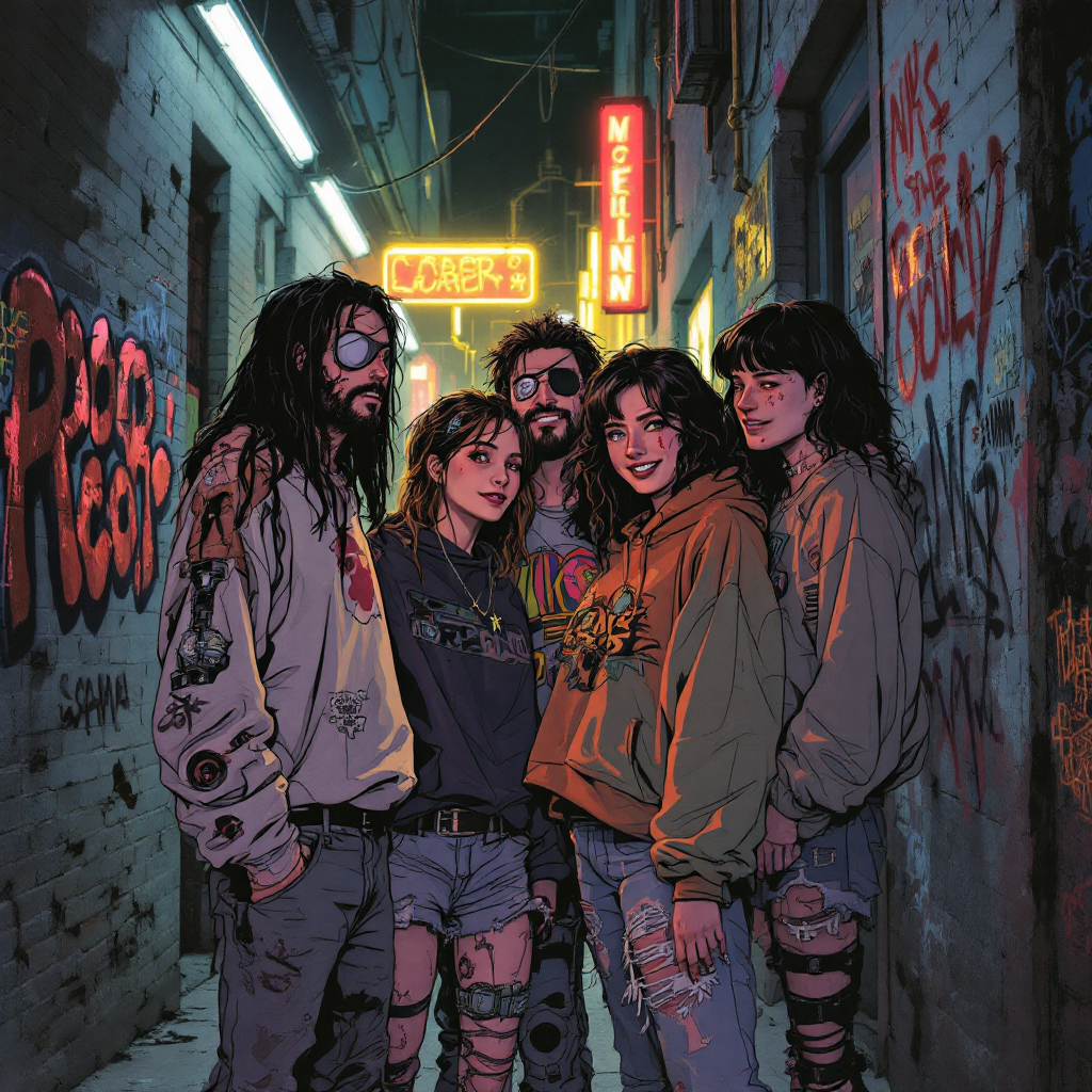 A group of five friends stands together in a vibrant, graffiti-covered alley at night, embodying resilience and connection amidst life's imperfections, reflecting the quote about being whole despite being broken.